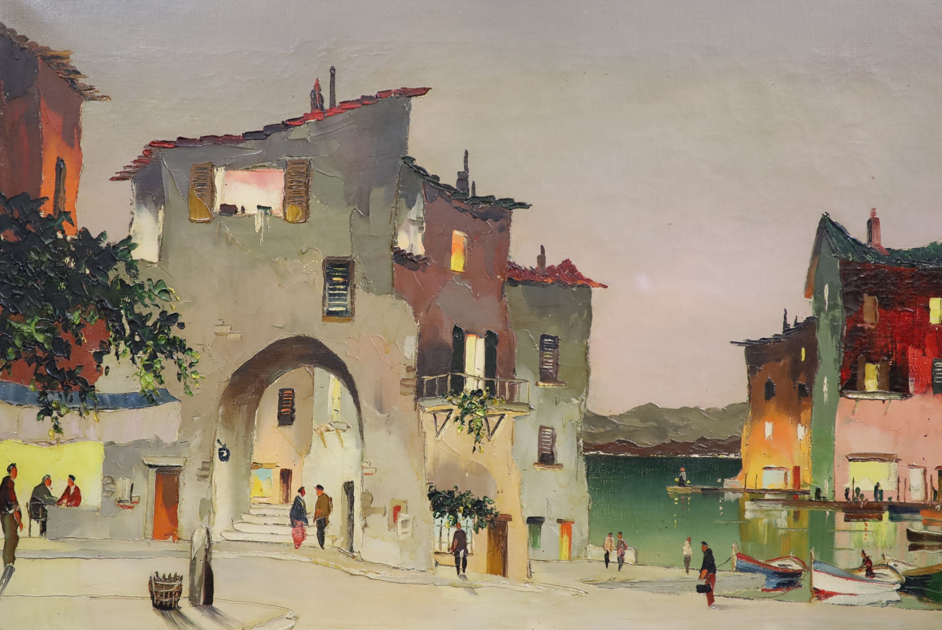 Cecil Rochfort D'Oyly-John (1906-1993), Mediterranean fishing village at dusk, oil on canvas, 45 x 65cm